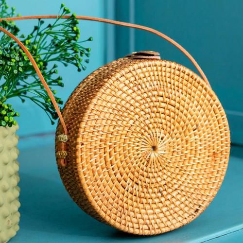 Bolsa De Bambu Redonda Feminina Com Alça Fixa Forrada Verão
