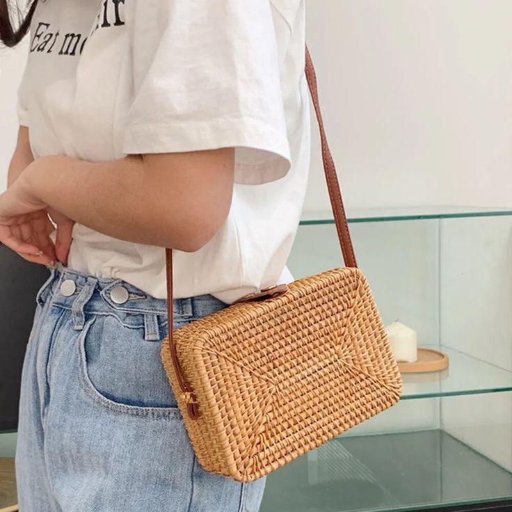 Bolsa De Bambu Retangular Feminina Com Alça Fixa Forrada Verão